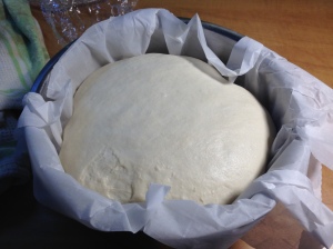 Here is the dough after the final rise. It smells very strongly of yeast.